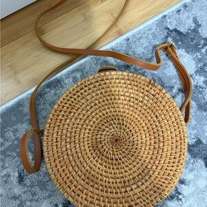Round Woven Tan Crossbody Bag